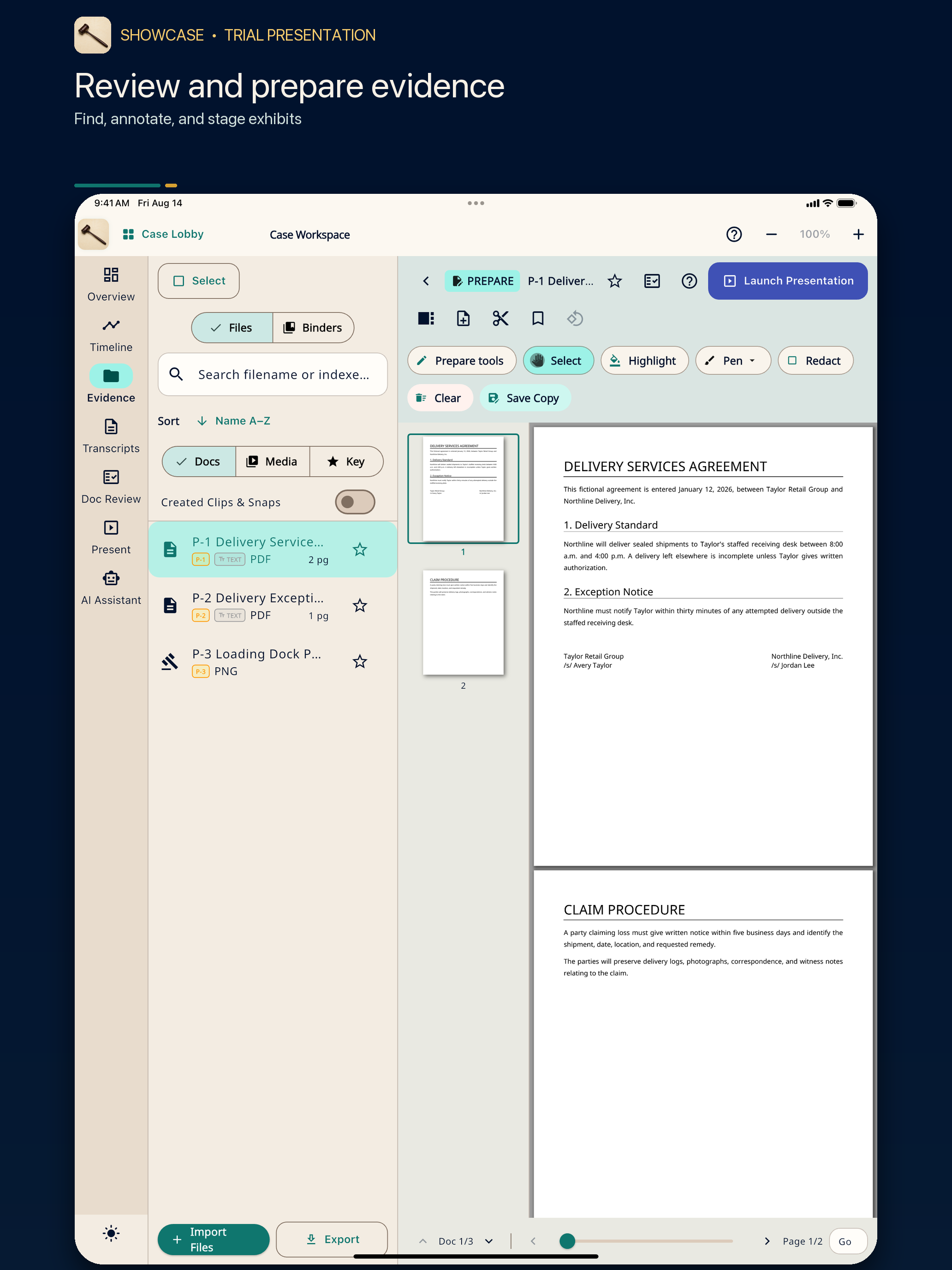 Authentic ShowCase 1.1.2 evidence workspace, displaying a fictional practice-case document
